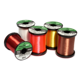 Fünf Spulen Fulling Mill Pro Thread Flat 70 Denier Bindefaden in den Farben Weiß, Fluoreszierendes Rot, Gelb, Rot und Rusty Brown vor weißem Hintergrund