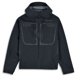 Vorderansicht der schwarzen Simms G3 Guide Watjacke 2026 mit großen Brusttaschen und wasserdichten YKK-Reißverschlüssen vor weißem Hintergrund