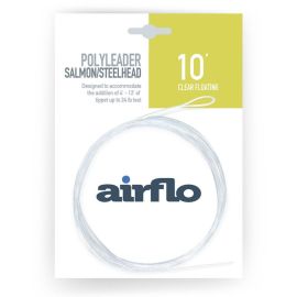 Produktverpackung des Airflo PolyLeader Salmon/Steelhead 10ft Clear Floating Vorfachs; gezeigt ist das transparent-schwimmende, aufgewickelte Vorfach mit geschweißter Schlaufe auf gelb-weißem Karton mit der Aufschrift 10 ft Clear Floating
