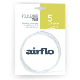 Produktverpackung des Airflo PolyLeader Trout 5ft Clear Floating Vorfachs; gezeigt ist das transparent-schwimmende, aufgewickelte Vorfach mit geschweißter Schlaufe auf gelb-weißem Präsentationskarton
