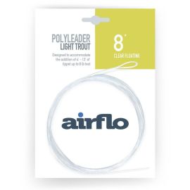 Produktverpackung des Airflo PolyLeader Light Trout 8ft Clear Floating Vorfachs; gezeigt ist das transparente, kreisförmig aufgewickelte 8-Fuß-Vorfach mit verklebter Schlaufe auf weiß-hellgelbem Karton mit dem Aufdruck '8' Clear Floating'
