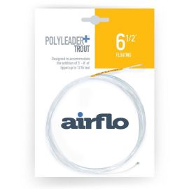 Produktverpackung des Airflo PolyLeader PLUS Trout in der Länge 6 1/2 Feet (Clear Floating); gezeigt ist das kreisförmig aufgewickelte, transparente Vorfach mit der orangen Farbcodierung an der Schlaufe und dem feinen Edelstahl-Tippet-Ring an der Spitze a