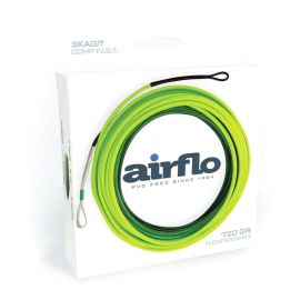 Produktverpackung des Airflo Skagit COMP F.I.S.T. 720GR Schusskopfes in F-I-S3 (Float/Int/Sink3); gezeigt wird die aufgewickelte dreifarbige Skagit-Schnur mit einer schwarzen Verbindungsschlaufe im weißen Karton