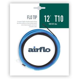 Produktverpackung des Airflo Flo Tip 12ft T10 Sinktip-Vorfachs mit gelber Schlaufen-Farbmarkierung; zu sehen ist das zweifarbige Vorfach mit blauem Intermediate-Teil und schwarzer Tungsten-Spitze auf weiß-grünem Karton mit der Aufschrift 12 T10 Sink Rate:
