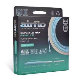 Produktverpackung der schwimmenden Airflo Superflo Max Ridge 2.0 Flats Universal Taper Fliegenschnur; zu sehen ist der dunkle Karton mit der aufgewickelten sand- hellblauen Schnur, B-Corp Siegel, Ridge Tech Logo und Feature-Icons samt Taper-Schema.
