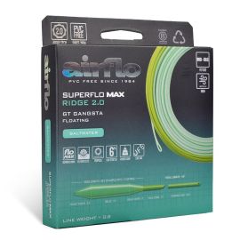 Vorderseite der Produktverpackung der schwimmenden Airflo Superflo Max Ridge 2.0 GT Gangsta WF12 Fliegenschnur; gezeigt ist die grün-gelb aufgewickelte Schnur im dunklen Karton mit B-Corp Zertifizierung, Ridge Tech Logo sowie Icons für Tropical, Low Stret