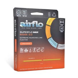 Produktverpackung der schwimmenden Airflo Superflo Max Ridge 2.0 Extreme Running Line für Zweihandruten; gezeigt wird die orange-weiße Verpackungsbox mit Icons für Flo MAX, Ridge 2.0, Hybrid, 6% Low Stretch, Micro Loop und Line Tag sowie einer Produktillu