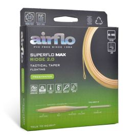 Vorderseite der Produktverpackung der schwimmenden Airflo Superflo Max Ridge 2.0 Tactical Taper Fliegenschnur; gezeigt ist die aufgewickelte sandfarben-gelbliche Schnur im dunklen Präsentationskarton mit B-Corp-Emblem, Ridge 2.0 Logo, den Feature-Icons, d