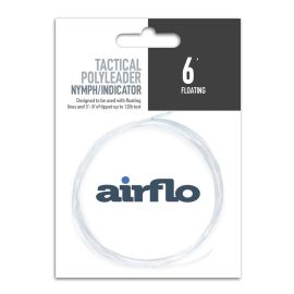 Produktverpackung des Airflo Tactical Polyleader 6ft Nymph/Indicator Floating Vorfachs; gezeigt ist das transparent-weiße, schwimmend aufgewickelte Vorfach mit geschweißter Schlaufe auf weiß-schwarzem Karton mit der Aufschrift 6 ft Floating
