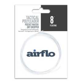 Produktverpackung des Airflo Tactical Polyleader 8ft Pocket Water / Dry Dropper Floating Vorfachs; gezeigt ist das transparent-weiße, schwimmend aufgewickelte Vorfach mit verklebter Schlaufe auf weiß-schwarzem Präsentationskarton mit der Aufschrift 8 ft. 