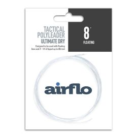 Produktverpackung des Airflo Tactical Polyleader 8ft Ultimate Dry Floating Vorfachs; gezeigt ist das transparent-weiße, schwimmend aufgewickelte 2,44 m Vorfach mit verklebter Schlaufe auf weiß-schwarzem Präsentationskarton mit der Aufschrift 8 ft. Floatin