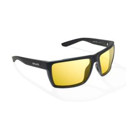 Schräge Dreiviertel-Frontansicht der Bajío Stiltsville Angler-Sonnenbrille; veranschaulicht das tiefe, umschließende Wrap-Around-Design des mattschwarzen Rahmens zum Schutz vor seitlichem Streulicht.