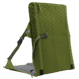 Rückansicht des Crazy Creek HEX 2.0 LongBack Chairs in der Ausführung Olive/Slate vor weißem Hintergrund; abgebildet ist die schiefergraue Außenseite mit reißfester Wabenstruktur, schwarzen Randeinfassungen und den verstellbaren Seitengurten