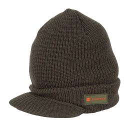 Vorderansicht der Fishpond Brim Beanie in Spruce (oliv-braun); zeigt die grobe Strickstruktur, den integrierten Schirm und das dezente Fishpond-Logo