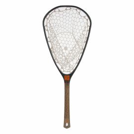 Fishpond Nomad Canyon Net, Brown Trout 2.0. Das Bild zeigt eine Vorderansicht des Fishpond Nomad Canyon Net mit einem ansprechenden Bachforellen-Muster und einem transparenten TPU-Netz.