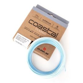 Produktverpackung für eine Guideline Coastal Classic Fliegenschnur. Die grau und braune Schachtel trägt die Aufschrift "SLOW INTERMEDIATE" und listet Spezifikationen wie "WF 7 I", "Kopfgewicht 17g / 26 grains"