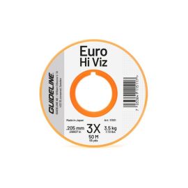 Vorderansicht einer runden, leuchtend orangefarbenen Guideline Euro Hi-Viz Monofilament-Spule vor weißem Hintergrund; aufgewickelt ist die blickdichte, signalgelbe Nymphenschnur, und das zentrale blau-weiße Etikett zeigt die Produktbezeichnung sowie die S