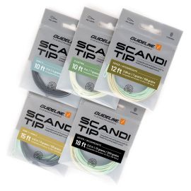 Fünf originalverpackte Guideline Scandi Tips in transparent-grauen Zip-Lock-Taschen auf weißem Hintergrund; abgebildet sind Spitzen in Längen von 10 ft (4 g und 7 g) bis 18 ft mit farbigen Dichte-Etiketten in Sink 3, Floating, Hover/Intermediate und Sink 