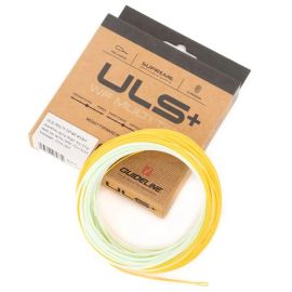 Aufgewickelte Guideline ULS+ WF Multi Fliegenschnur in Gelb mit montierter hellgrüner Schwimmspitze vor der braunen ULS+ Kartonverpackung auf weißem Hintergrund
