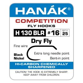 Packaging label for Hanak Competition Fly Hooks H130BLR Dry Fly, size #16, containing 25 hooks; the image shows the hook profile with fine wire, an extra-long needle point, a slightly inward-curved tip, and the markings ‘Black Nickel’ and ‘Hi-Carbon Chemi