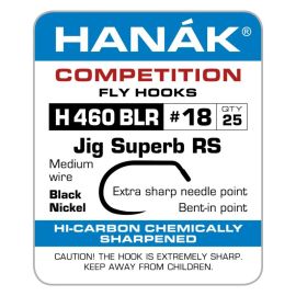 Etichetta del prodotto Hanak Competition Fly Hooks H460BLR #18 Jig Superb RS; nell’immagine è raffigurata l’etichetta blu e bianca con l’indicazione del contenuto (25 pezzi), l’elemento grafico raffigurante la forma dell’amo con la punta leggermente ricur