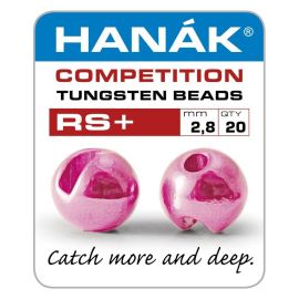 Produkt-Verpackungs-Etikett der Hanak Competition Tungsten Beads RS+ 2,8 mm in Metallic Light Pink mit 20 Stück Inhalt; abgebildet sind zwei glänzende, metallic-rosafarbene Wolframperlen mit schmalem Schlitz von vorne und der Seite sowie der Slogan "Catch