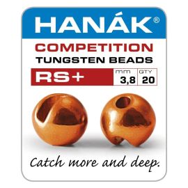 Produkt-Verpackungs-Etikett der Hanak Competition Tungsten Beads RS+ 3,8 mm in Metallic Light Orange mit 20 Stück Inhalt; abgebildet sind zwei glänzende, metallic-orangefarbene Wolframperlen mit schmalem Schlitz von vorne und der Seite sowie der Slogan "C