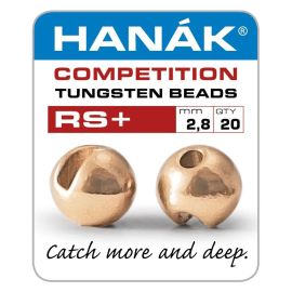 Produkt-Verpackungs-Etikett der Hanak Competition Tungsten Beads RS+ 2,8 mm in Metallic Rose Gold mit 20 Stück Inhalt; abgebildet sind zwei glänzende, roségoldene Wolframperlen mit schmalem Schlitz von vorne und der Seite sowie der Slogan "Catch more and 