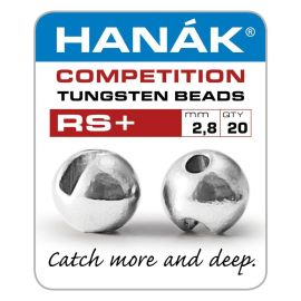 Produkt-Verpackungs-Etikett der Hanak Competition Tungsten Beads RS+ 2,8 mm in Silver mit 20 Stück Inhalt; abgebildet sind zwei glänzende, silberne Wolframperlen mit schmalem Schlitz von vorne und der Seite sowie der Slogan - Catch more and deep