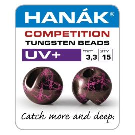 Produkt-Verpackungs-Etikett der Hanak Competition Tungsten Beads UV+ 3,3 mm mit 15 Stück Inhalt; abgebildet sind zwei geschlitzte, schwarze Wolframperlen mit fluoreszierendem, pinkfarbenem UV-Muster von vorne und der Seite sowie der Slogan "Catch more and