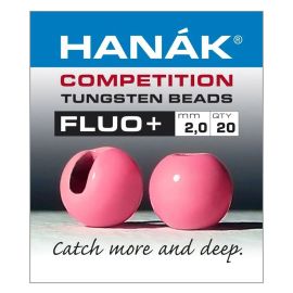 Produkt-Verpackungs-Etikett der Hanak Competition Tungsten Beads FLUO+ 2,0 mm mit 20 Stück Inhalt; abgebildet sind zwei geschlitzte, fluoreszierend knallpink leuchtende Wolframperlen von vorne und der Seite sowie der Slogan "Catch more and deep"