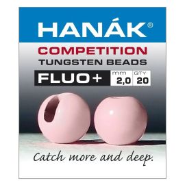 Produkt-Verpackungs-Etikett der Hanak Competition Tungsten Beads FLUO+ 2,0 mm mit 20 Stück Inhalt; abgebildet sind zwei geschlitzte, fluoreszierend hellrosa leuchtende Wolframperlen von vorne und der Seite sowie der Slogan "Catch more and deep"