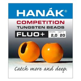 Produkt-Verpackungs-Etikett der Hanak Competition Tungsten Beads FLUO+ 2,0 mm mit 20 Stück Inhalt; abgebildet sind zwei geschlitzte, fluoreszierend orange leuchtende Wolframperlen von vorne und der Seite sowie der Slogan "Catch more and deep"