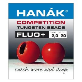 Produkt-Verpackungs-Etikett der Hanak Competition Tungsten Beads FLUO+ 2,0 mm mit 20 Stück Inhalt; abgebildet sind zwei geschlitzte, fluoreszierend rot leuchtende Wolframperlen von vorne und der Seite sowie der Slogan "Catch more and deep"
