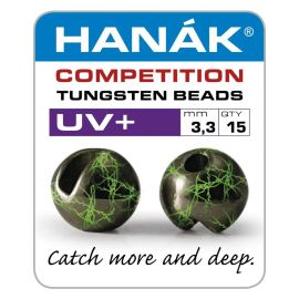 Produkt-Verpackungs-Etikett der Hanak Competition Tungsten Beads UV+ 3,3 mm mit 15 Stück Inhalt; abgebildet sind zwei geschlitzte, schwarze Wolframperlen mit fluoreszierendem, chartreusefarbenem UV-Muster von vorne und der Seite sowie der Slogan "Catch mo
