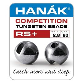 Produkt-Verpackungs-Etikett der Hanak Competition Tungsten Beads RS+ 2,8 mm in Black Nickel mit 20 Stück Inhalt; abgebildet sind zwei glänzende, dunkel-silberne Wolframperlen mit schmalem Schlitz von vorne und der Seite sowie der Slogan "Catch more and de