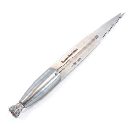 Kuchelmeister Multibrush stainless steel fly tying tool with round wire brush, serrated comb edge, and rear V-notch.