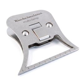 Kuchelmeister Multiclamp stainless steel fly tying clamp with 5 mm laser etched ruler and open frame.