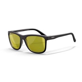 Frontal-Schrägansicht der schwarzen Leech X Street PC-YL-Sunset Polarisationsbrille; gezeigt wird der schwarze TR90-Rahmen mit den gelb-silbern verspiegelten Gläsern und dem weißen Leech-Logo am Bügel
