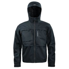 Vorderansicht der dunkelblauen Loop Dellik Watjacke mit hochgeschlossener Sturmkapuze, YKK-Frontreißverschluss und geräumigen Brusttaschen