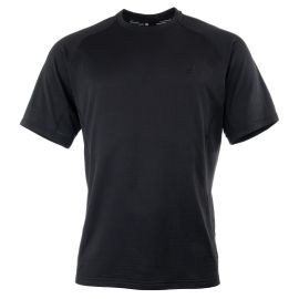 Vorderansicht des schwarzen „Loop Flyt Polartec“-T-Shirts, die die technische Kurzarm-Silhouette und die Raglanärmel-Konstruktion hervorhebt