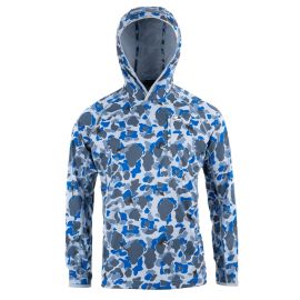 Vorderansicht des Loop Flyt UPF Dome Hoodie im blauen Camofly-Muster mit Kapuze und Reißverschluss-Brusttasche.