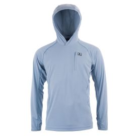 Vorderansicht des hellblauen Loop Flyt UPF Dome Hoodie mit aufgesetzter Kapuze und vertikaler Brusttasche mit Reißverschluss