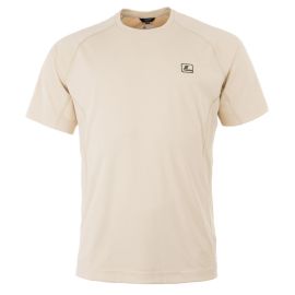 Front view of the beige Loop Flyt UPF Dome T-shirt with a subtle logo and technical cut