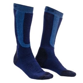 Loop Merino Warm Wading Socks in Navy Petrol, Vorderansicht eines wadenhohen Sockenpaars mit hellblauem Bund und Streifen am Schienbein sowie dunkler Ferse und Zehe