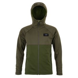 Vorderansicht des Loop Nunas V3 Hoodie in Spruce Green; technisches Design mit zwei Seitentaschen und eng anliegender Sturmkapuze