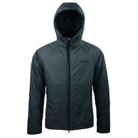 Vorderansicht der dunkelgrauen Onka V2-Jacke, die das gesteppte Kammerkonstrukt und die Sturmkapuze mit hohem Kragen hervorhebt