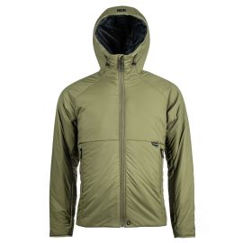 Vorderansicht der Loop Onka V2 Isolationsjacke in Olive; zeigt die gesteppte Kammerkonstruktion, die hochschließende Sturmkapuze und das dezente Logo