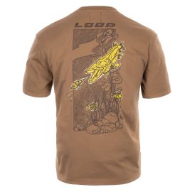 Rückansicht des dunkelbraunen Loop Pike Graphic T-Shirts mit einer detaillierten künstlerischen Hecht-Illustration auf dem Rücken