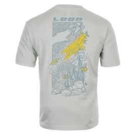 Rückansicht des Loop Pike Graphic T-Shirts in der stylischen Farbe Northern Droplet mit einer detaillierten künstlerischen Hecht-Illustration auf dem Rücken